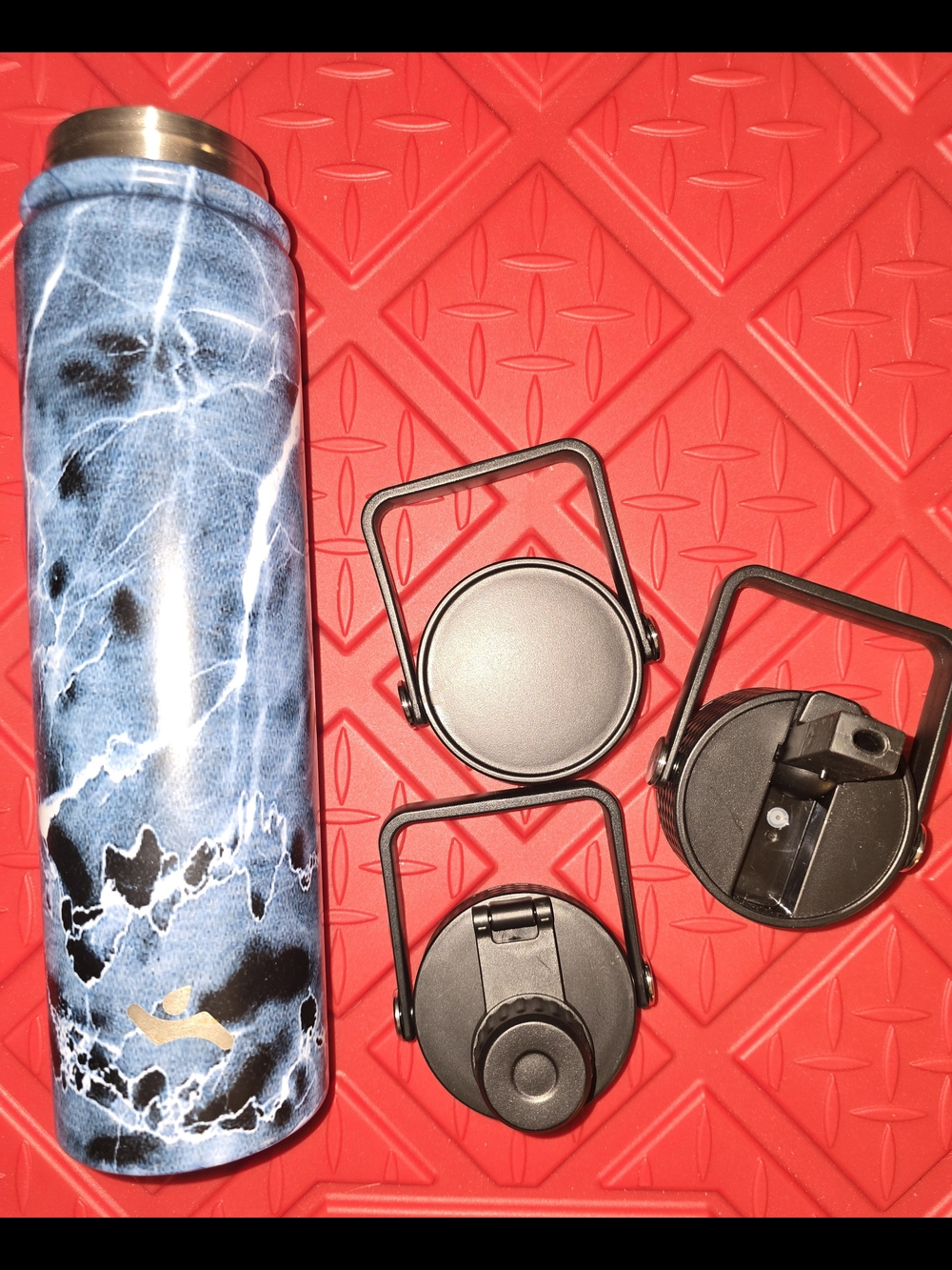 NIB - Stainless Steel Blue Marble Travel Water Bottle with Three Lids